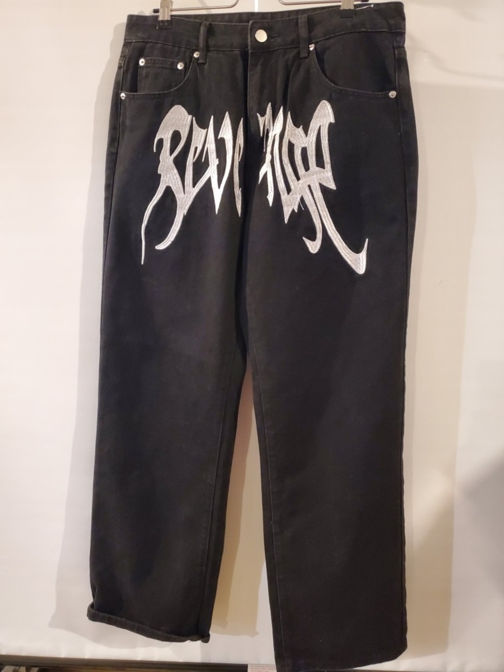 Relaxed Black Men's Jeans with Silver Script Embroidery